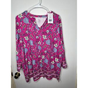Kim Rogers Perfectly Soft Pink Border Floral Print Tunic Top Women's XL Cotton